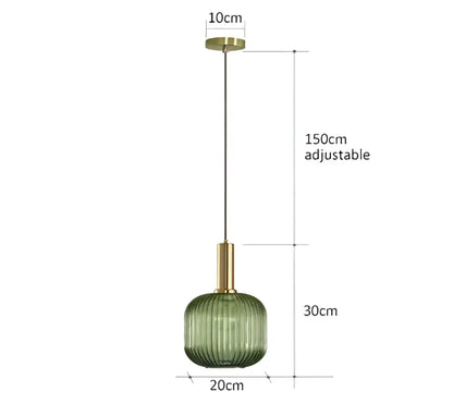 A sleek 150cm adjustable ribbed glass pendant light with an olive green globe and brass accents for dining room use
