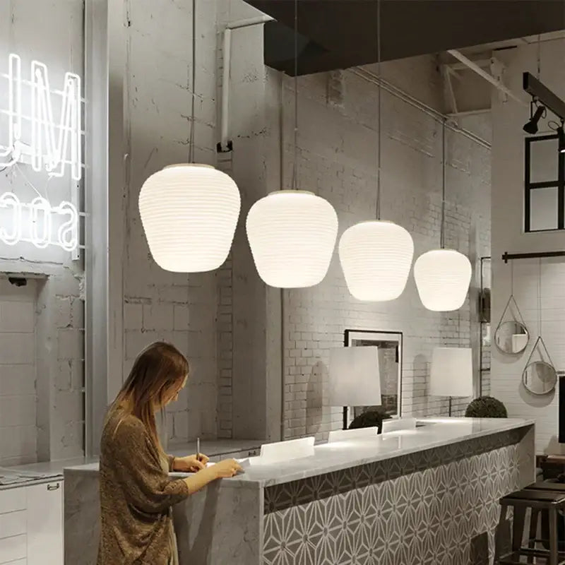 White ribbed off-white paper glass cocoon pendant lights hanging from ceiling ideal for kitchen decorbites glass cocoon