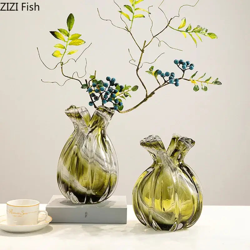 Two translucent olive green glass vases with ribbed surfaces and dual necks for vase hydroponics plant use