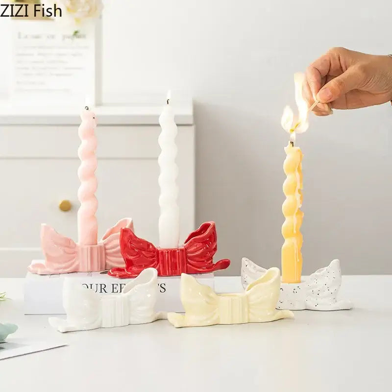 Ribbed pink ceramic bowknot candle holder with pastel pink white and yellow twisted candles for bedroom decorbites decor