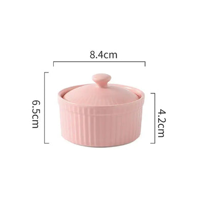 Pink decorbites ceramic dessert bowl with vertical ridges and matching lid for dining room ramekin use