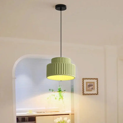 Modern pendant light with two-tiered ribbed green shade and black cord for decorbites cream resin led dining room decor
