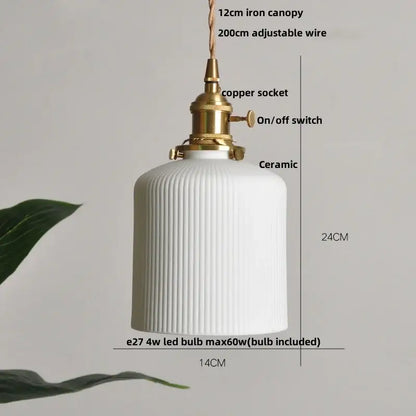 Ribbed white ceramic pendant light fixture with brass copper socket and knob switch for kitchen lighting