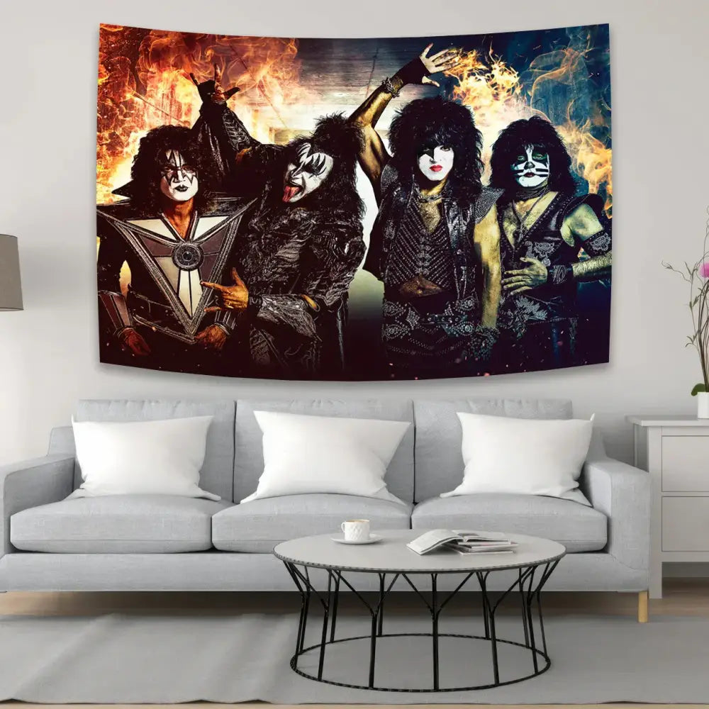 Rock kiss band canvas tapestry featuring four members in iconic makeup on fiery black and silver decorbites kiss band wall art
