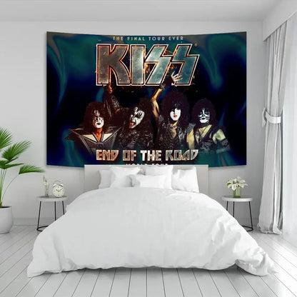 Rock kiss band canvas tapestry with iconic makeup on dark teal background and metallic gold decorbites kiss band lettering