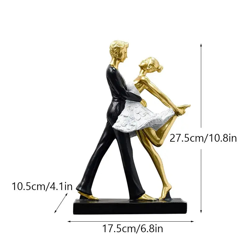 Elegant black and gold decorbites dancing couple sculpture featuring a white lace dress for living room decor