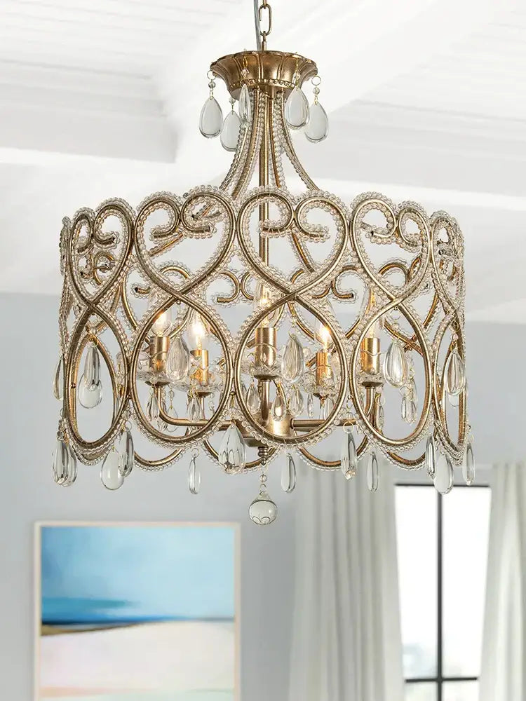 Romantic gold crystal heart ceiling light chandelier with gold-toned scrollwork crystal droplets and beaded accents