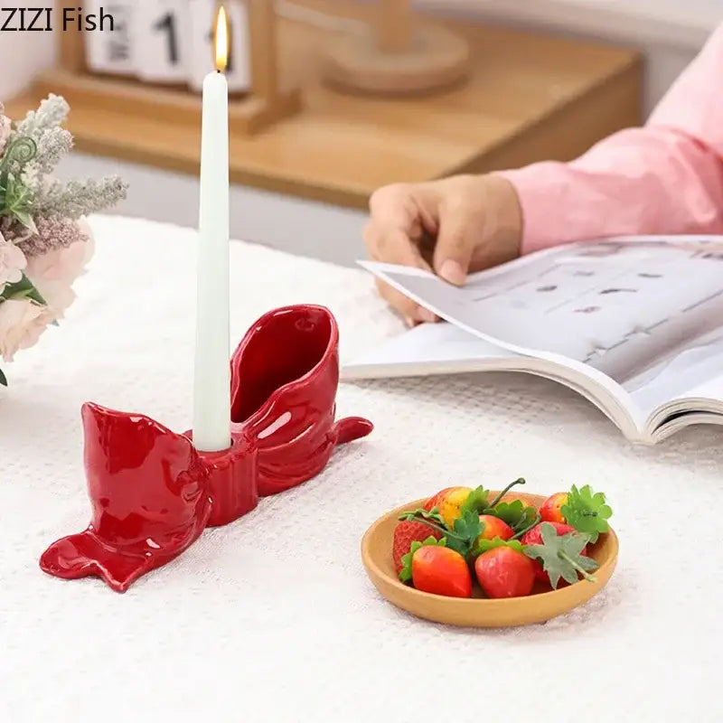 Red ceramic candle holder shaped like a high-heeled shoe with a bow decorbites bowknot ceramic candle for dining room decor