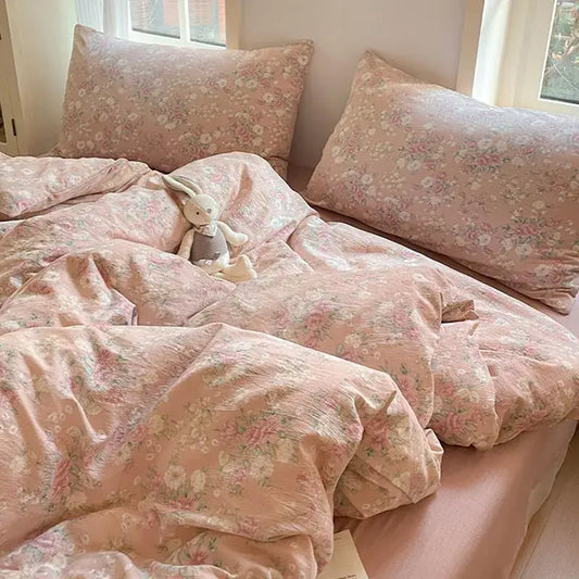 Romantic pink cotton flower print bedding set featuring soft textured decorbites cotton flower fabric for bedroom comfort