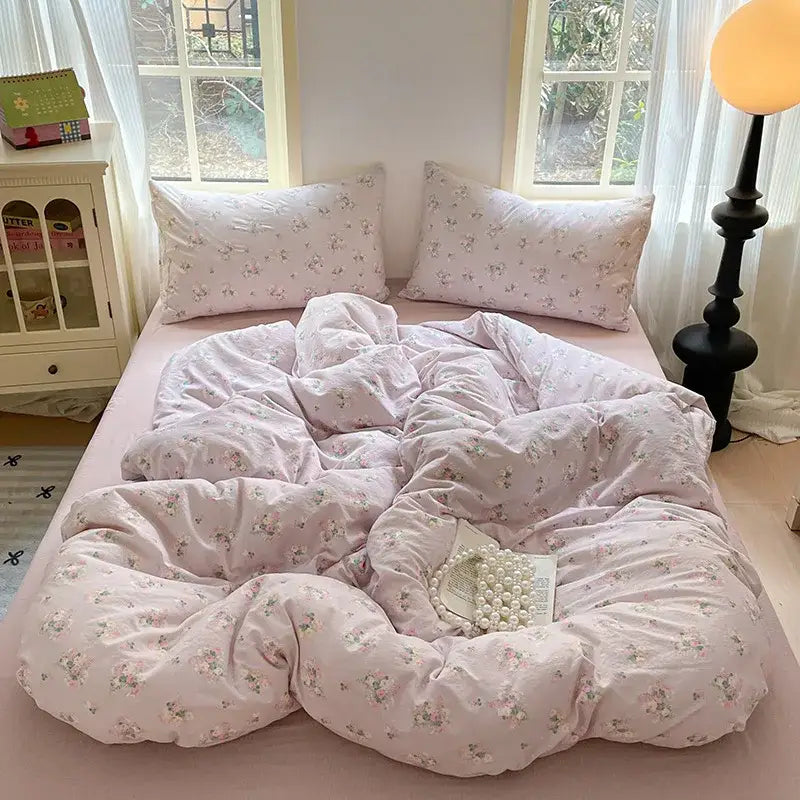 Romantic pink cotton flower print bedding set with soft plush texture and matching pillowcases by decorbites cotton flower