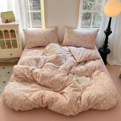 Romantic pink cotton flower print bedding set with soft plush fabric for bedroom comfort and decorbites cotton flower style