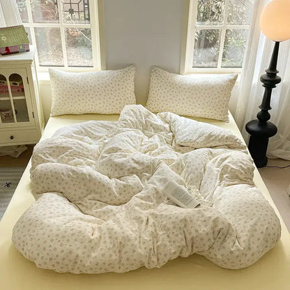 Cream-colored cotton flower print bedding set with decorbites cotton flower fabric for cozy bedroom comfort