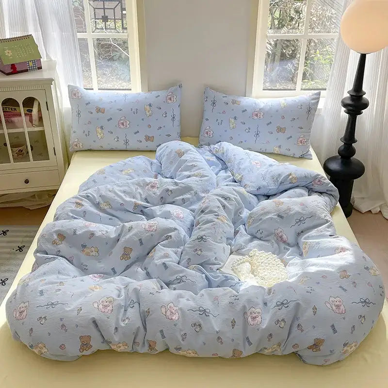 Light blue plush cotton flower print bedding set with pastel pink and brown cartoon animals by decorbites