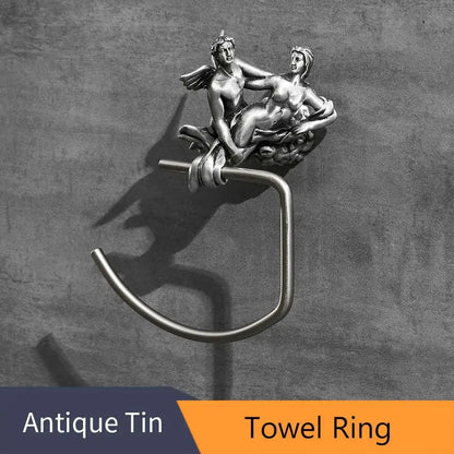 Antique tin towel ring with sculpted classical figures in embrace in romantic silver angel bathroom hardware set