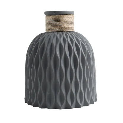 Gray ceramic vase with textured wavy surface and natural twine band for living room DIY flower arrangement decor