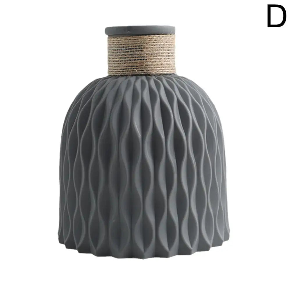 Gray ceramic rope plastic vase with textured wavy surface and twine band for living room flower arrangement