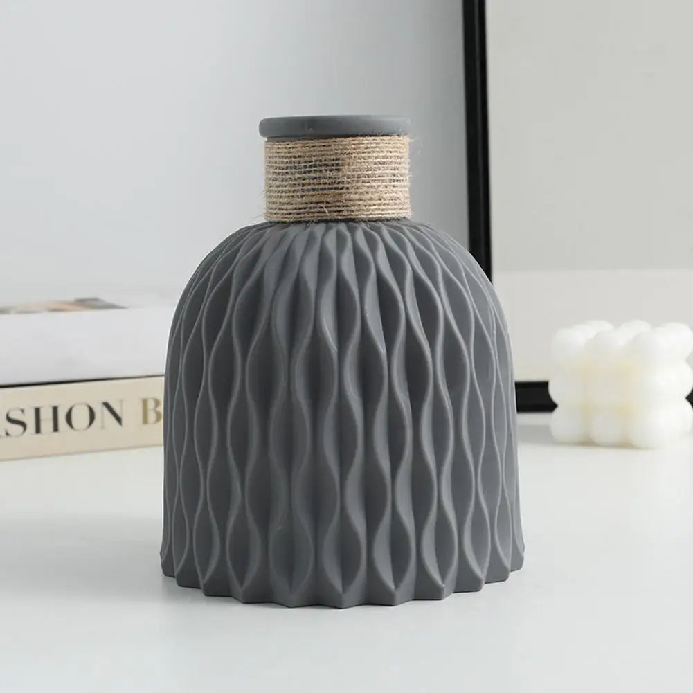 Gray ceramic rope plastic vase with textured wavy surface and twine band for living room home decoration