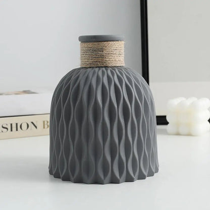 Gray ceramic rope plastic vase with textured wavy surface and twine band for living room home decoration