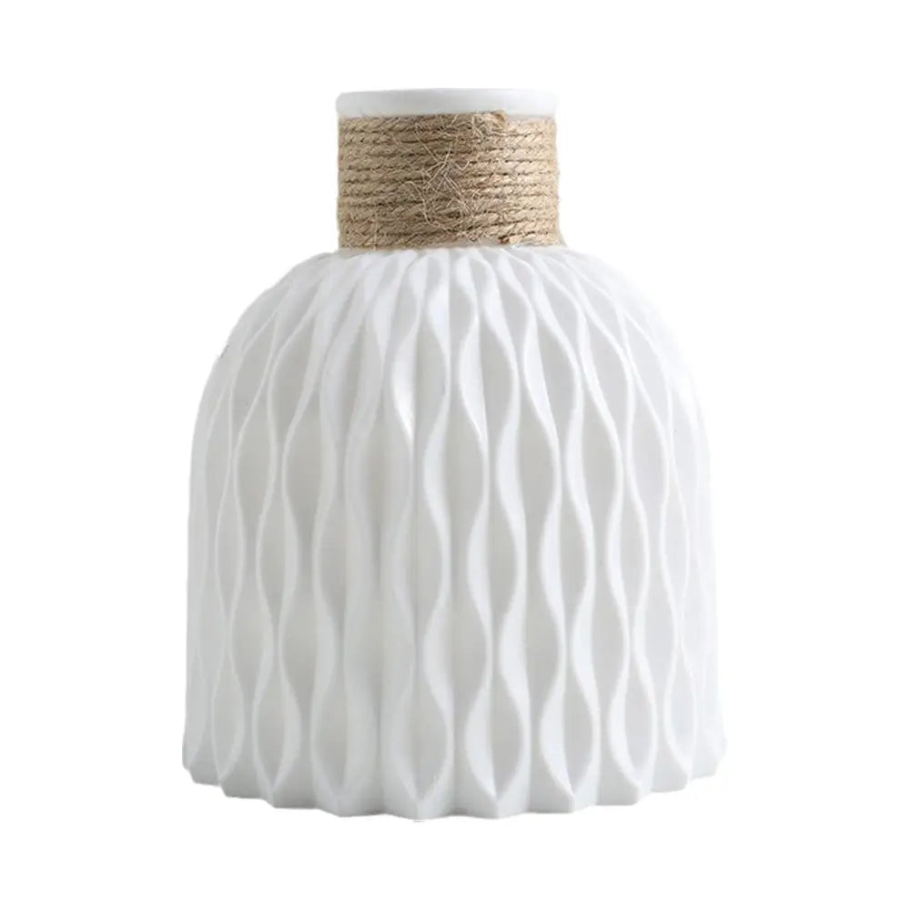 White ceramic rope vase with wavy texture and twine band for living room flower arrangement and home decor