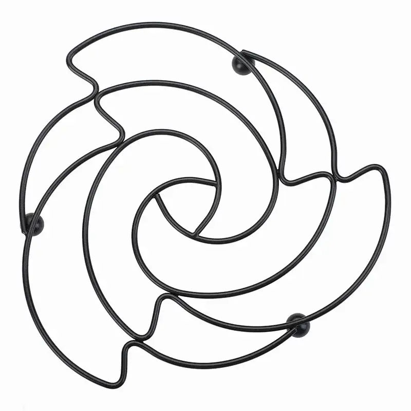 Black metal wire decorbites iron pan pot mat with spiral design and rounded ball accents for kitchen use