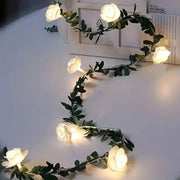Decorbites™ 10 led white rose flower string lights with green leaf accents battery powered for wedding decor