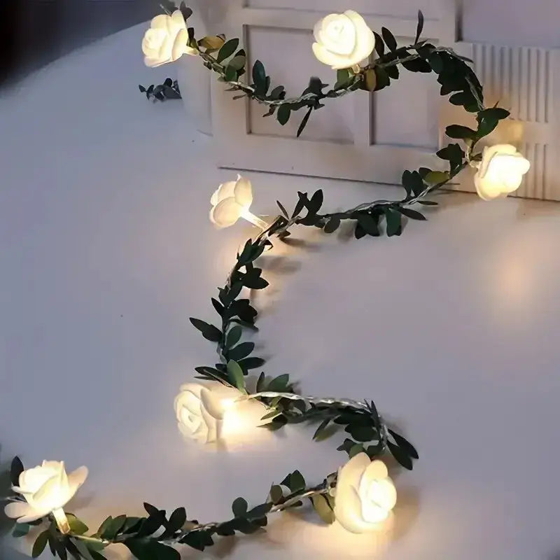 Decorbites™ 10 led rose flower string lights with white rose-shaped bulbs and green foliage for wedding party decor