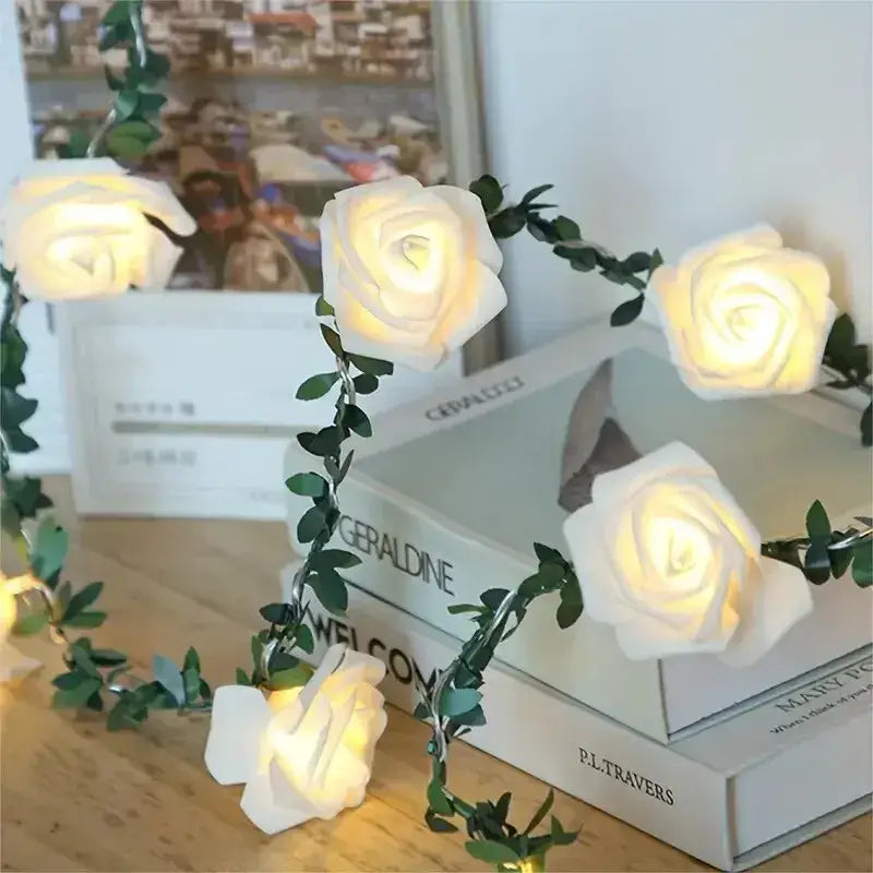 Decorbites™ battery powered 10 led white rose flower string lights with green leaves for wedding and party decoration
