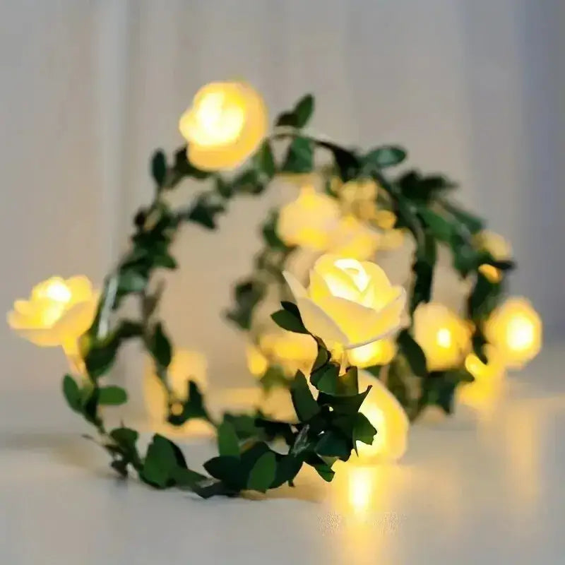 DecorBites 10 LED warm white rose flower string lights with green leaves battery powered for party decoration