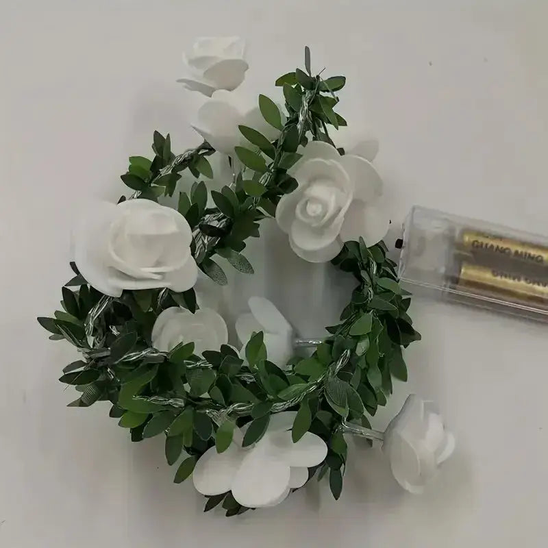 Decorbites 1pc white foam rose flower string lights with green leaf garland battery powered for wedding decor