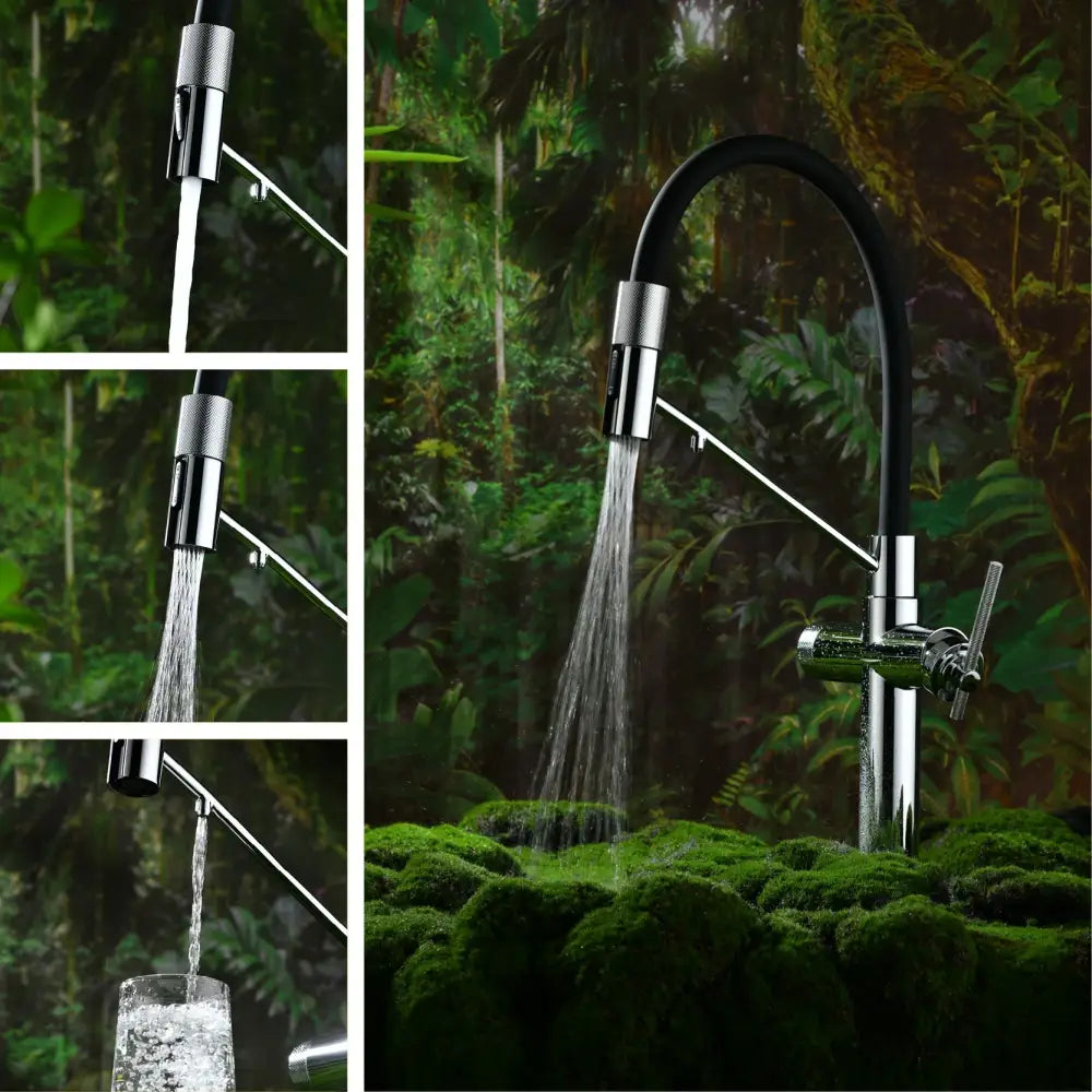 Rose gold and black kitchen faucet with a chrome finish featuring a sleek pull-out spray spout and flexible design