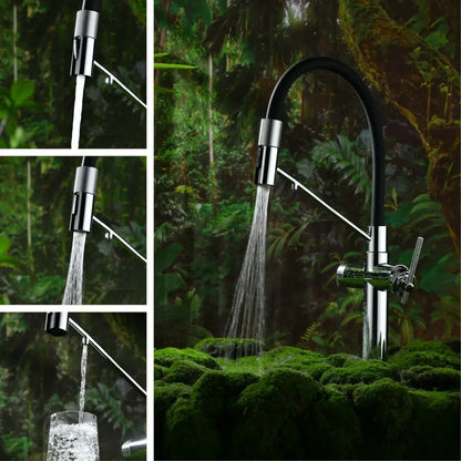 Rose gold and black kitchen faucet with a chrome finish featuring a sleek pull-out spray spout and flexible design