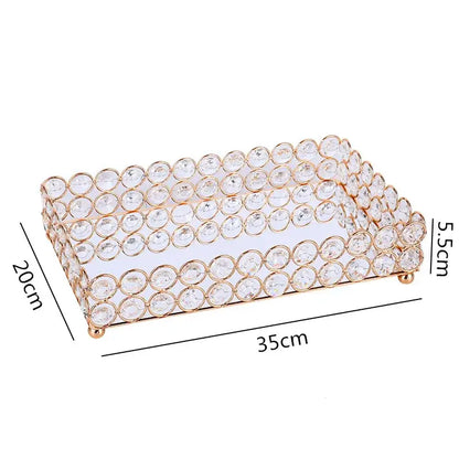 Rose gold crystal glass mirror tissue box holder with clear crystal beads in a gold-toned metal frame for bedroom use