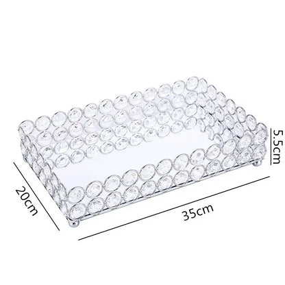 Clear crystal bead rectangular tray with glass mirror interior and silver metal base for rose gold tissue box holder