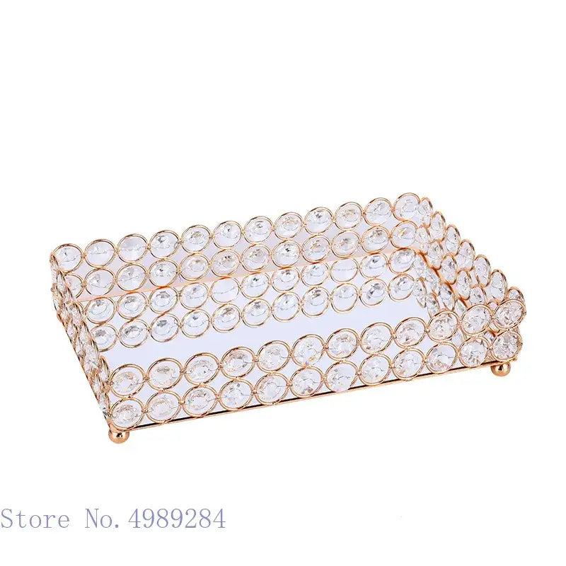 Rose gold crystal glass mirror tissue box holder with clear faceted crystals in a rectangular metal frame for bedroom use