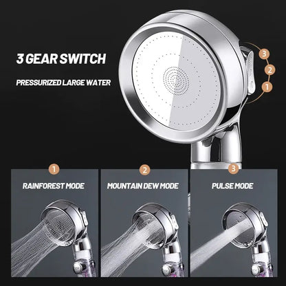 Rose gold high pressure shower head with chrome finish and filter featuring three spray modes for bathroom use