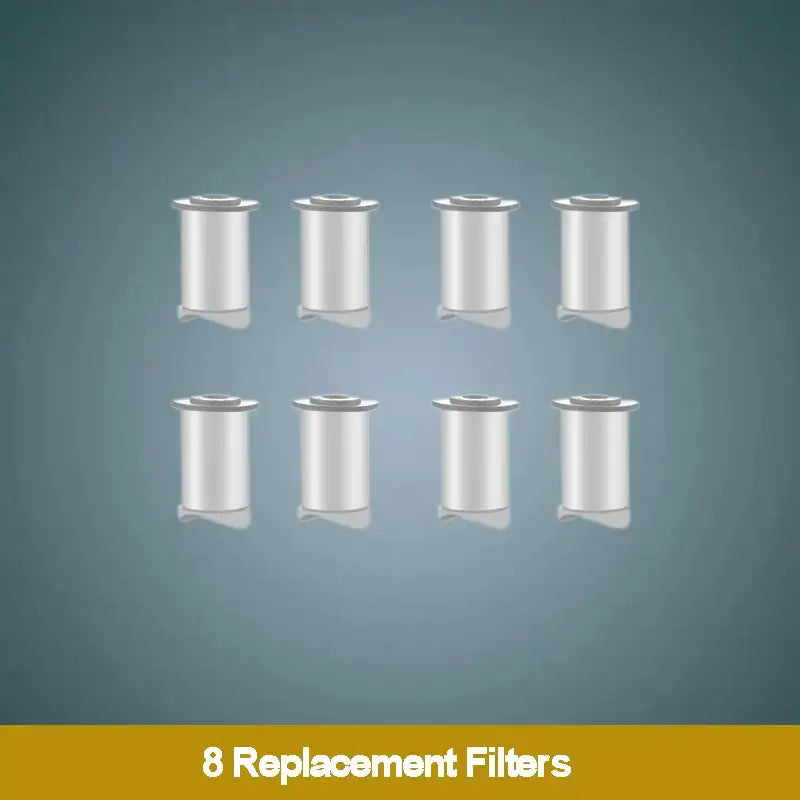 Eight metallic cylindrical replacement filters for rose gold high pressure shower head enhancing shower experience