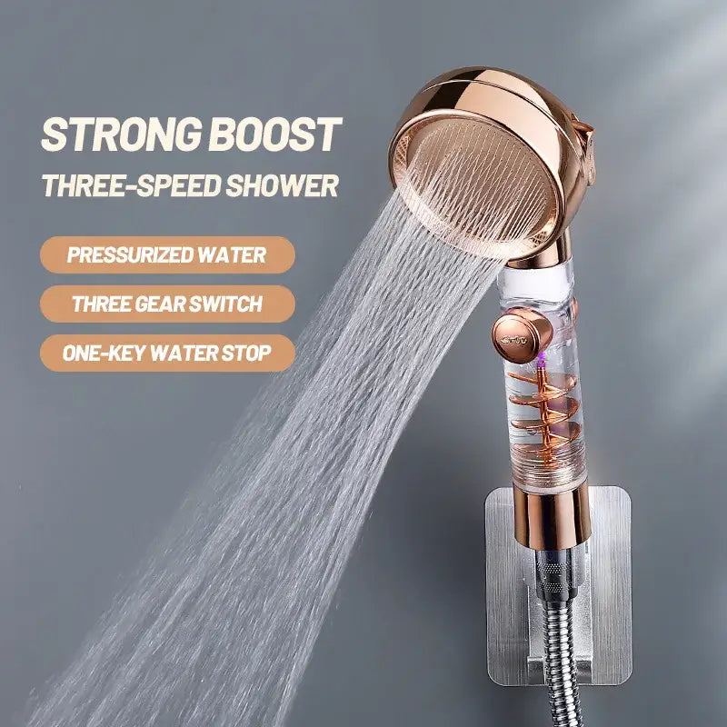 Rose gold high pressure shower head with clear body revealing copper coils and three-speed filter for enhanced shower experience
