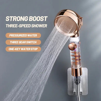 Rose gold high pressure shower head with clear body, copper coils, and three-speed water flow pressure shower head