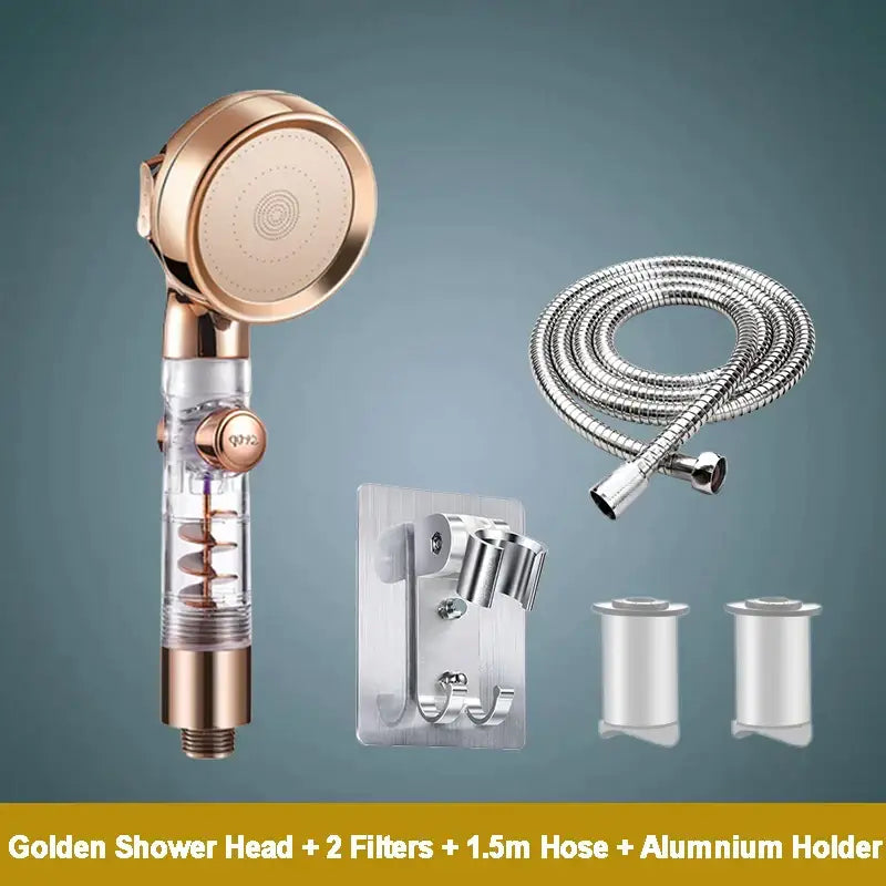 Rose gold high pressure shower head with transparent cylindrical body and spiral filter for enhanced shower experience