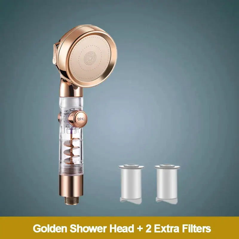 Rose gold handheld high pressure shower head with transparent body and spiral filter for enhanced shower experience
