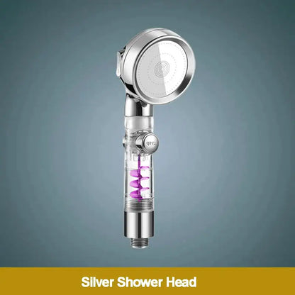 Silver pressure shower head with transparent body and purple spiral component for high pressure shower use