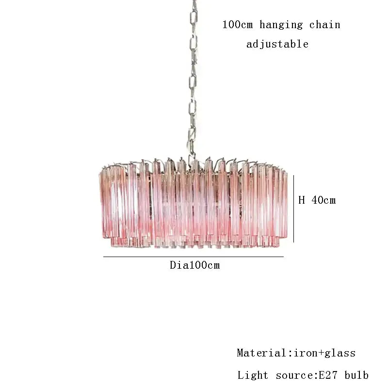 Rose gold pink glass chandelier with metallic iron frame and adjustable chain for living room lighting