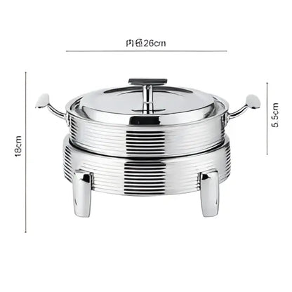 Rose gold ribbed stainless steel double-tiered hot pot alcohol chafing dish with lid handles and three sturdy feet