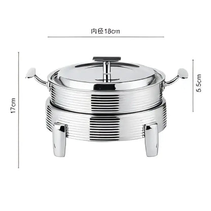Rose gold stainless steel double-tiered hot pot alcohol chafing dish with ribbed sides and three sturdy feet