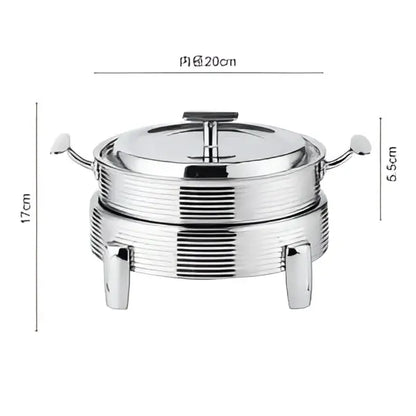 Stainless steel rose gold ribbed double-tiered hot pot alcohol set chafing dish with lid handles and four sturdy feet