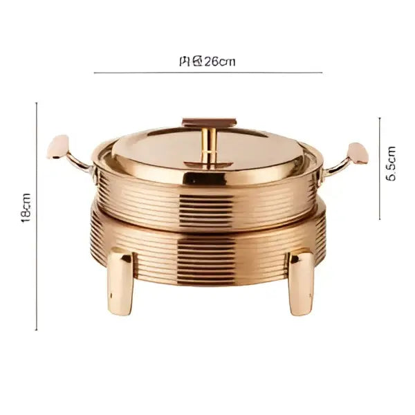 Rose gold ribbed double-tiered chafing dish with handle accents designed for hot pot alcohol dining room use