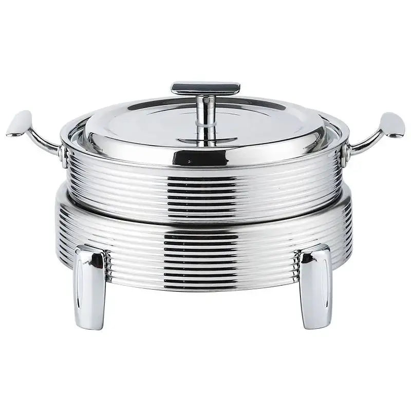 Shiny chrome-finished rose gold ribbed hot pot alcohol set chafing dish with lid and side handles for dining room use