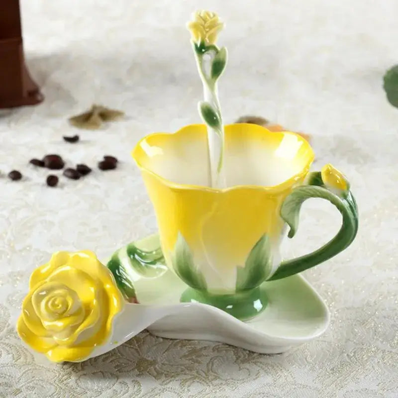 Yellow and green enamel rose peony floral ceramic teacup set with flower handle and matching saucer for dining room use
