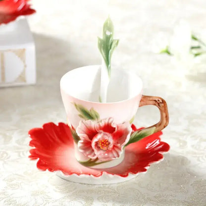 Delicate porcelain rose peony floral teacup set with vibrant red enamel rose peony design and scalloped saucer edges