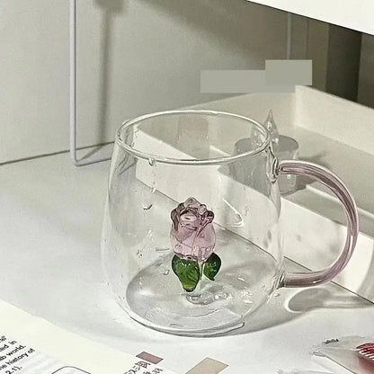 Clear glass rose stemware wine glass with pink decorbites 3d rose and green leaves embedded in base for dining room decor